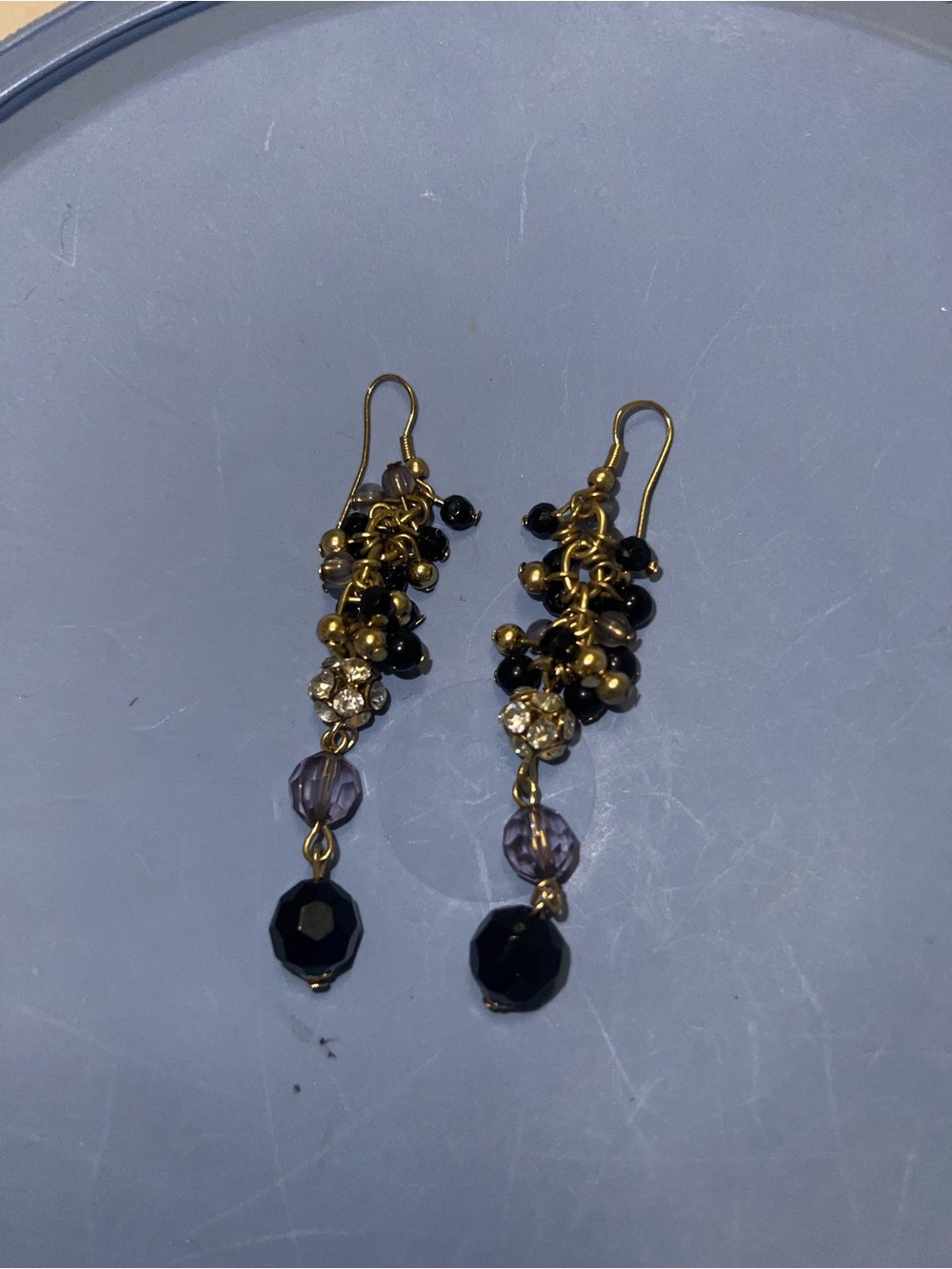 Gold Purple and Black Beaded Dangle Earrings